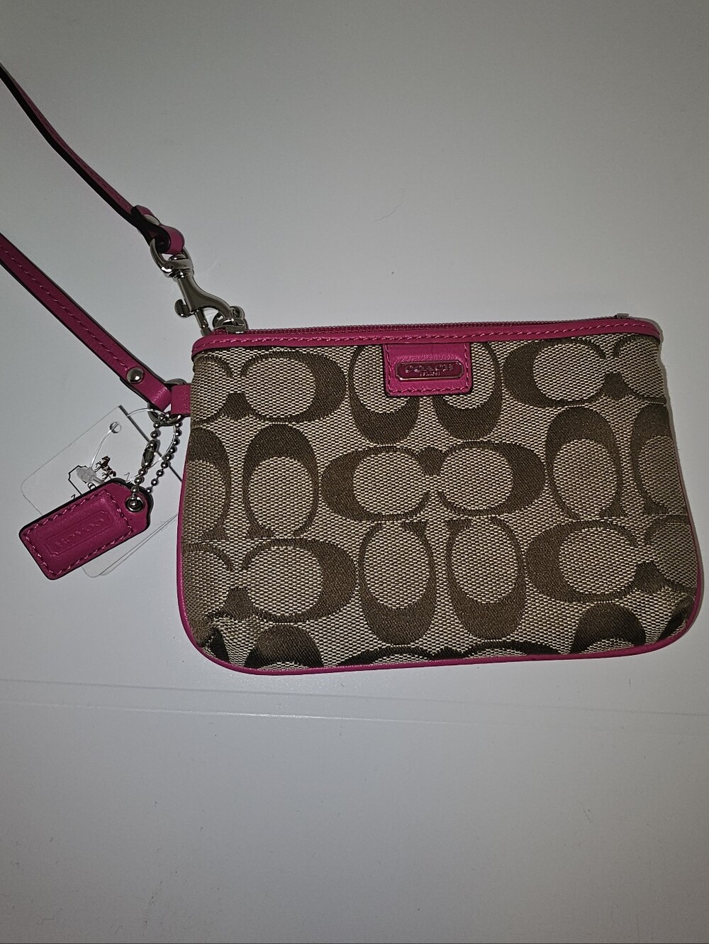 Coach Signature Canvis Wristlet with Pink Leather Strap NWT